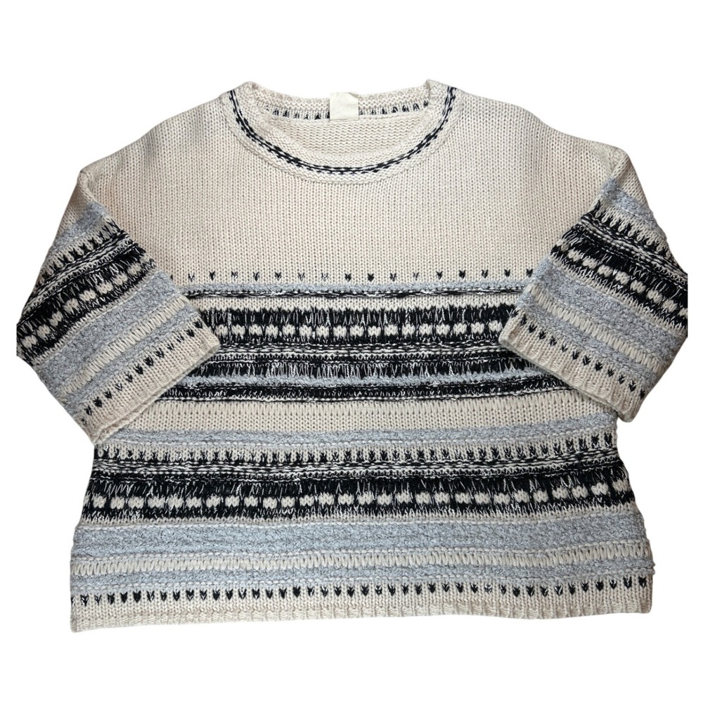 Good Hart Women Cream BlackBlue Fair Isle Chunky Knit Crew Neck Sweater GH02451T